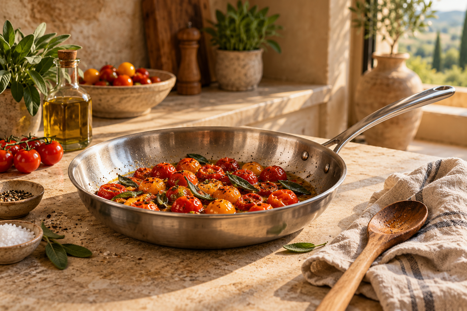 Stainless steel skillet with tomatoes and herbs in a sunlit kitchen